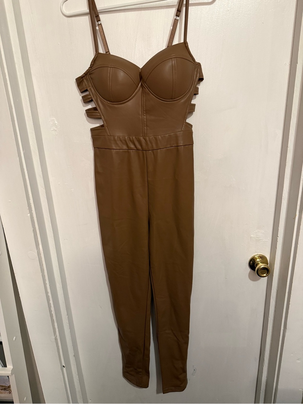 Haute Monde Brown Faux Leather Strappy Jumpsuit